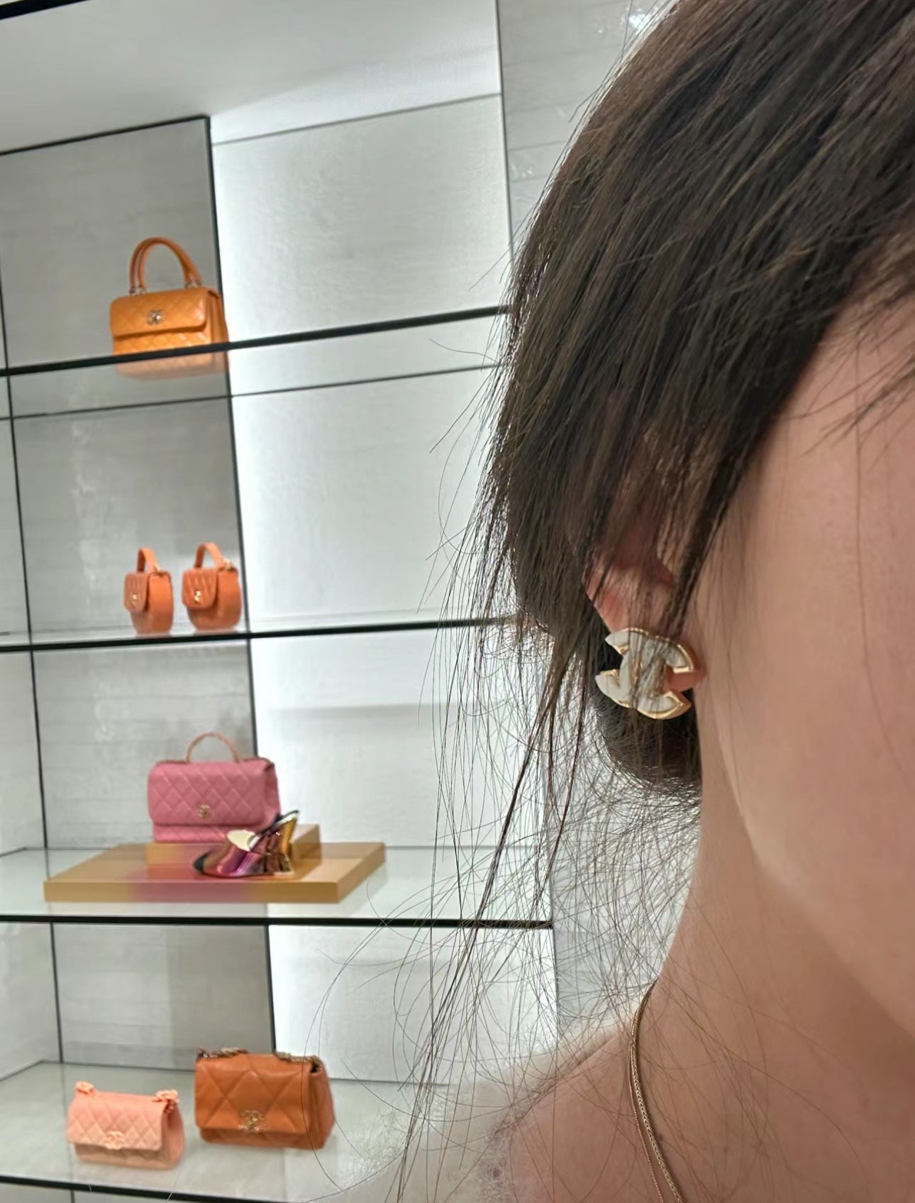 White Enamel CC Logo Stud Earrings