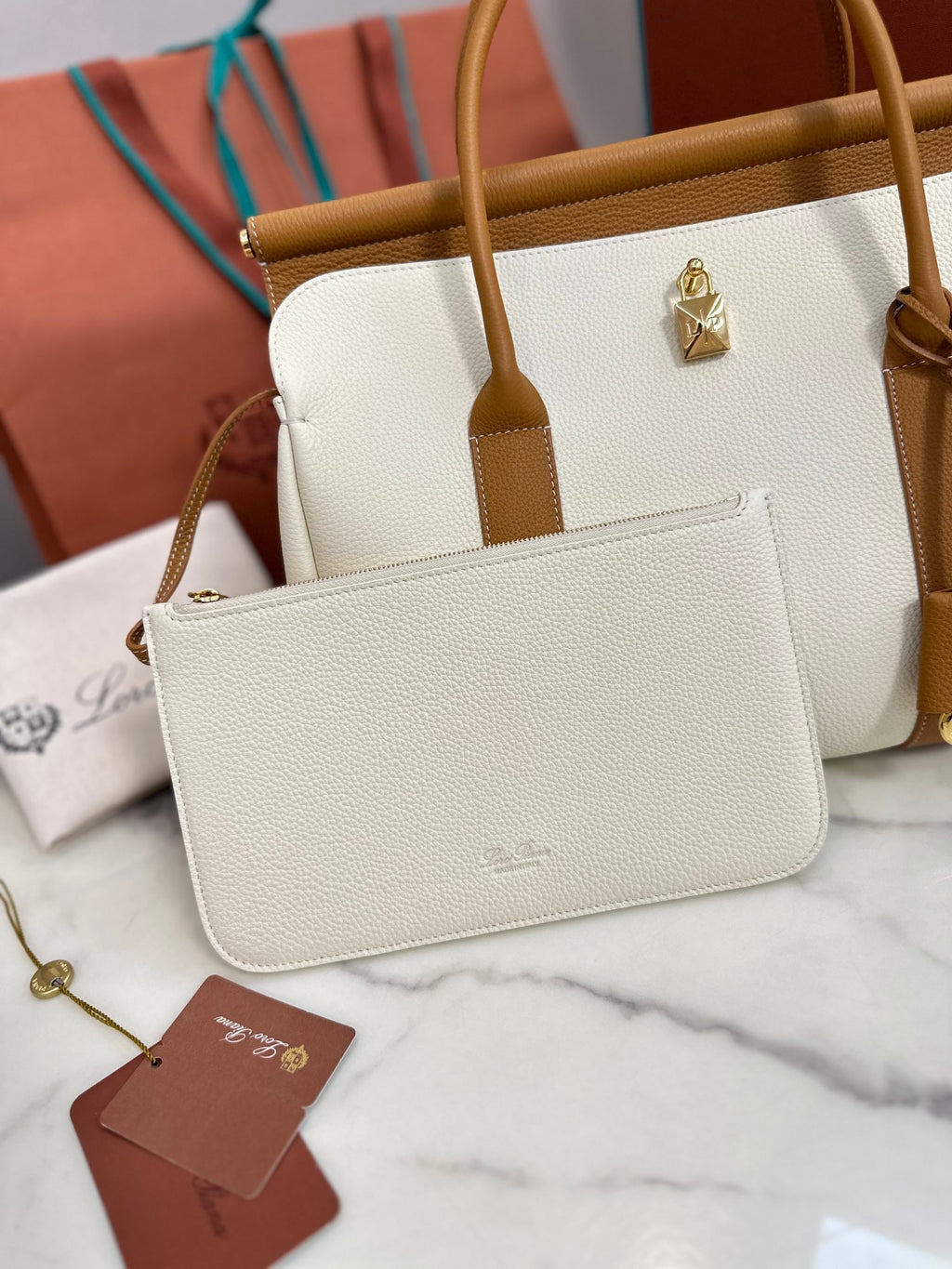 Loom Leather Tote Bag in White and Caramel