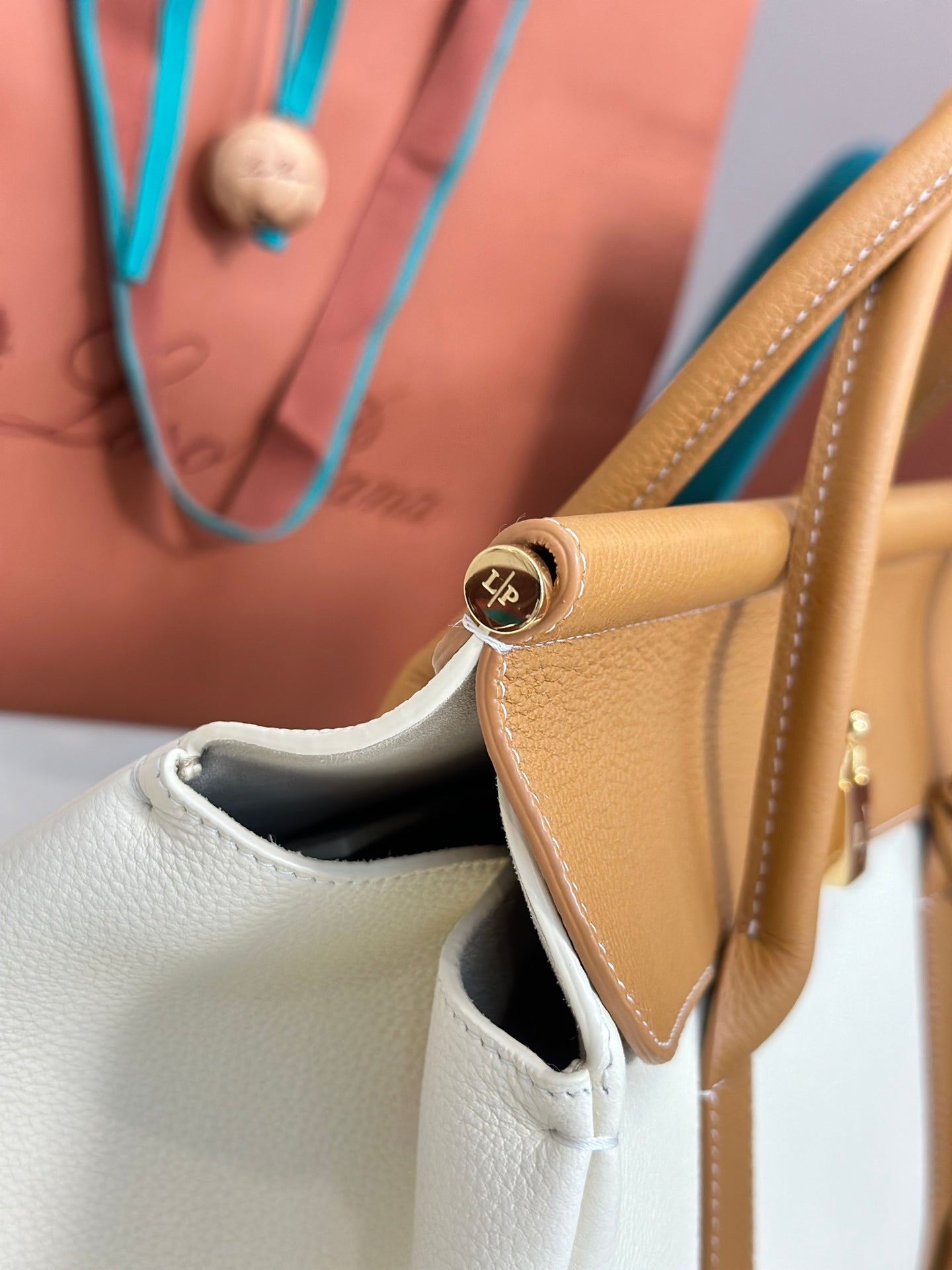 Loom Leather Tote Bag in White and Caramel