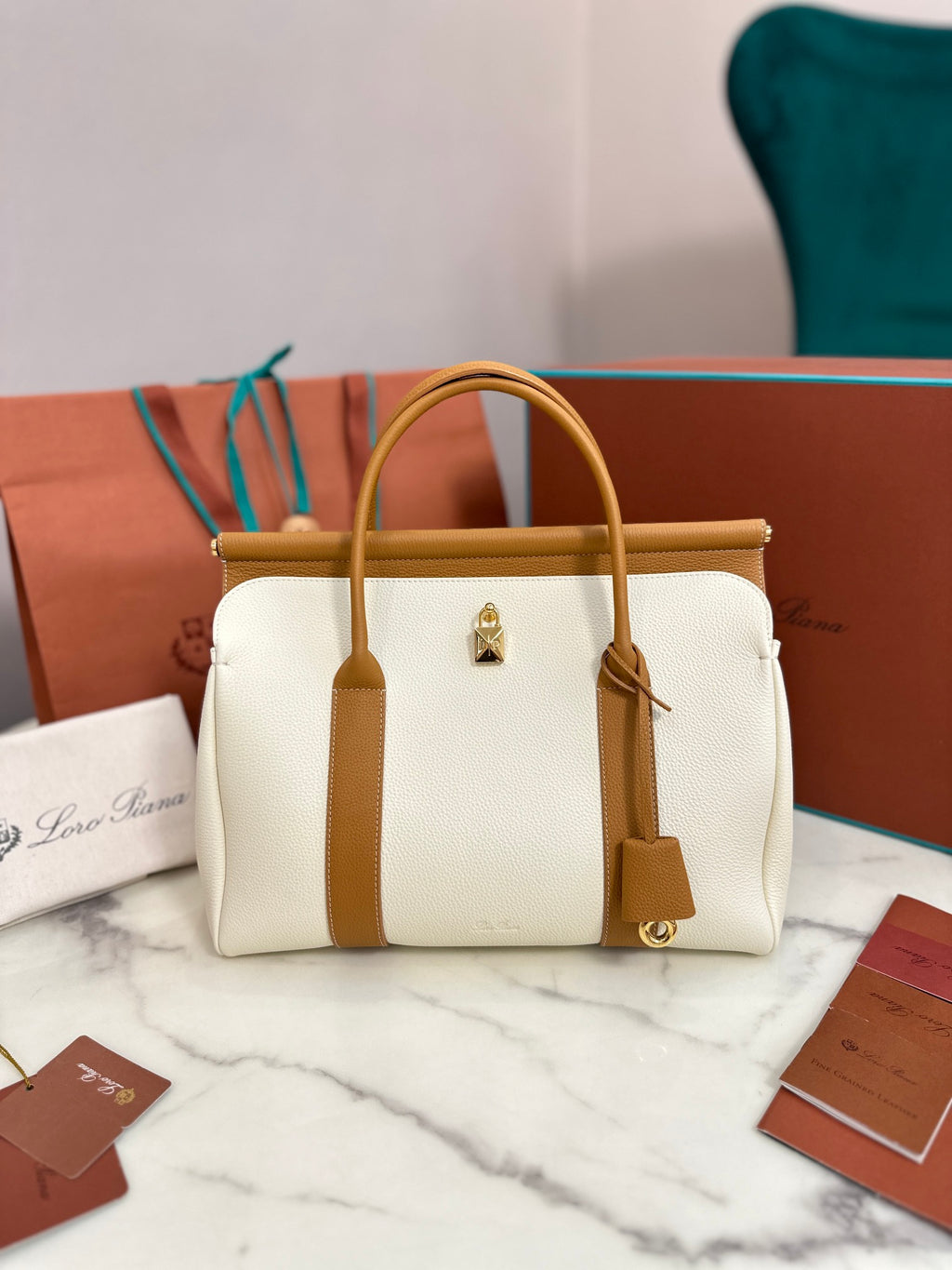 Loom Leather Tote Bag in White and Caramel