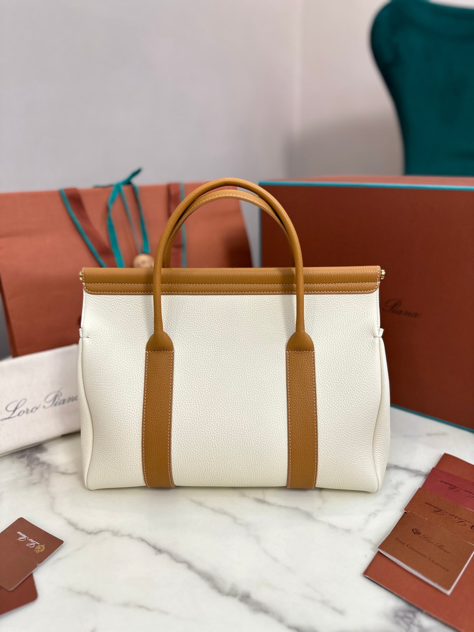 Loom Leather Tote Bag in White and Caramel