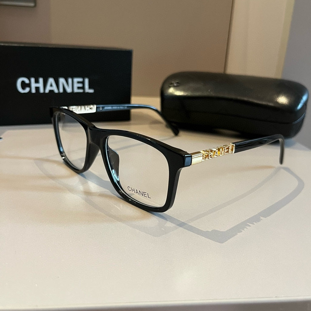 Black Frame Eyewear with Gold Chain Detail