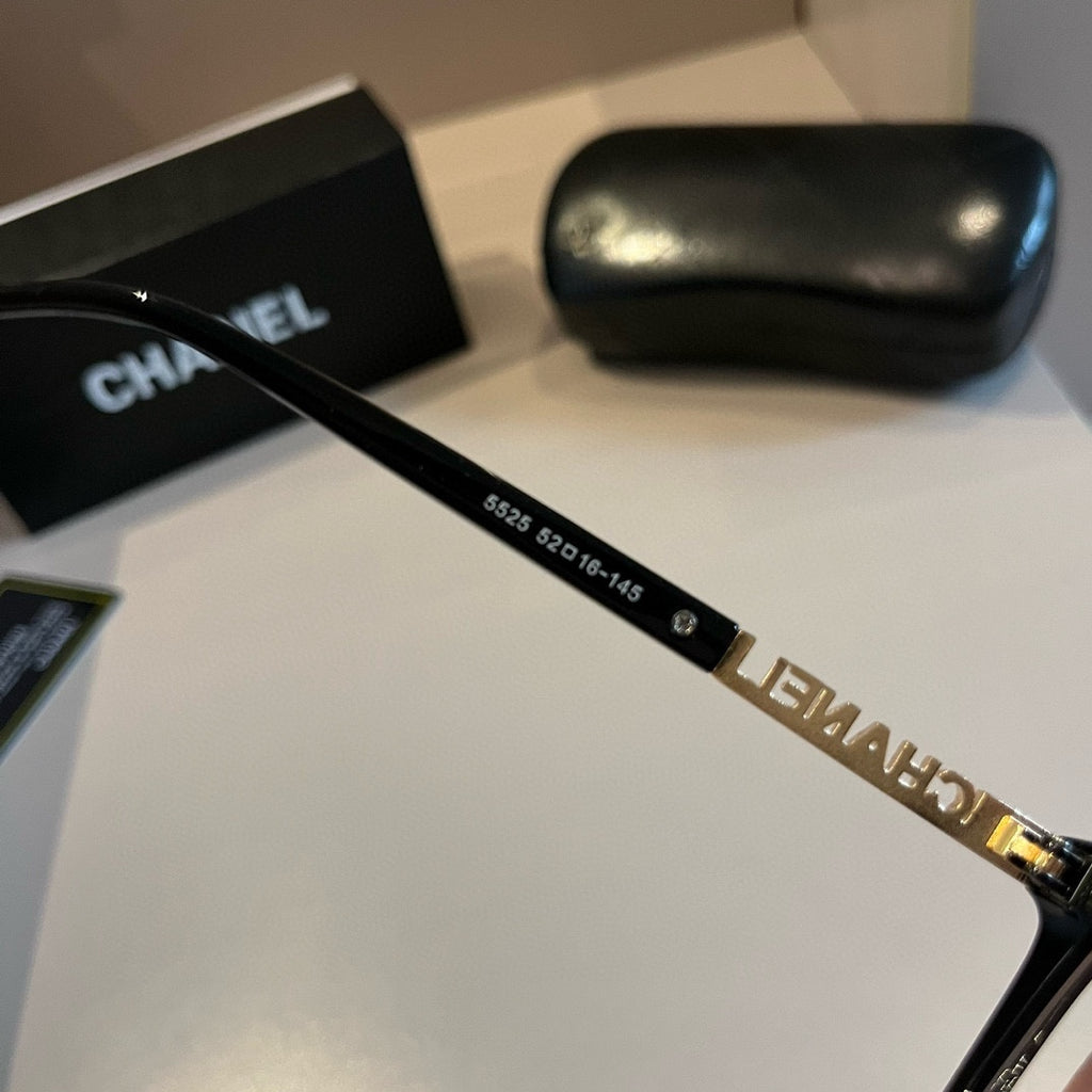 Black Frame Eyewear with Gold Chain Detail