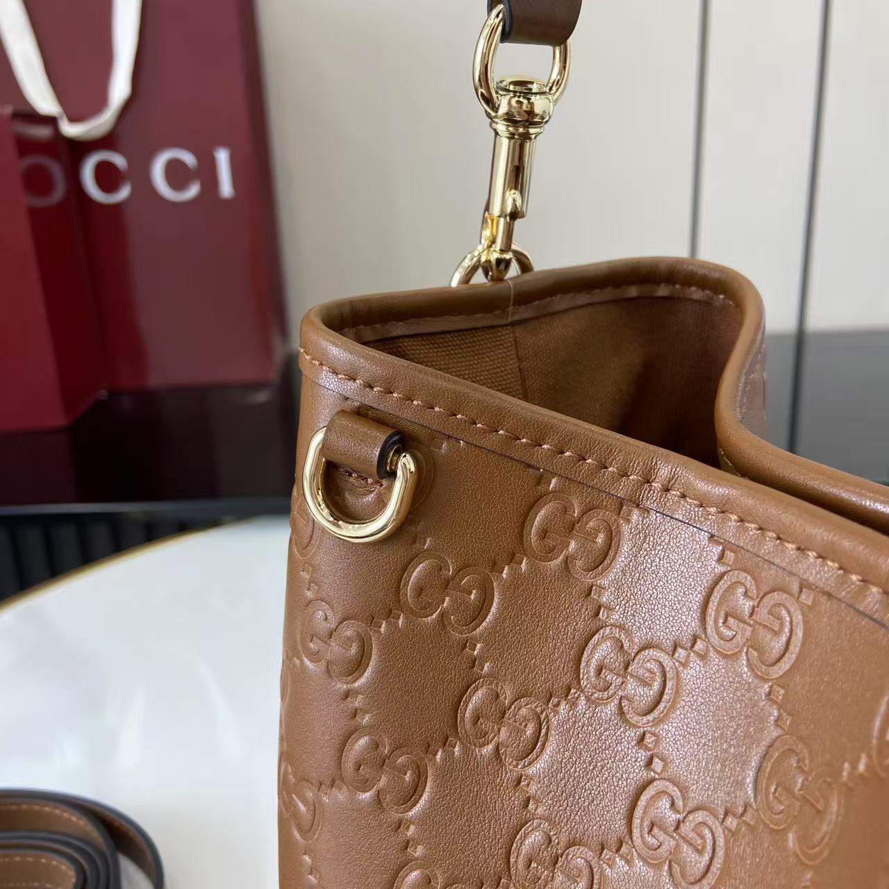 GG Emblem Brown Leather Shoulder Bag