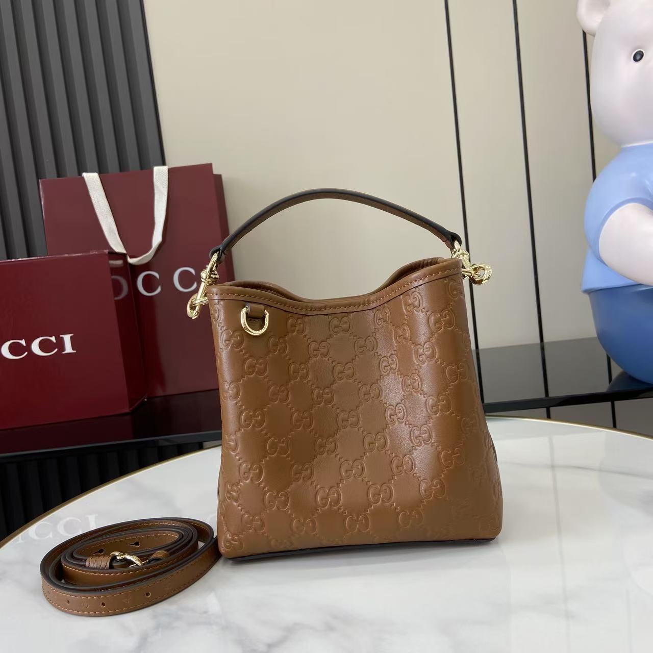 GG Emblem Brown Leather Shoulder Bag