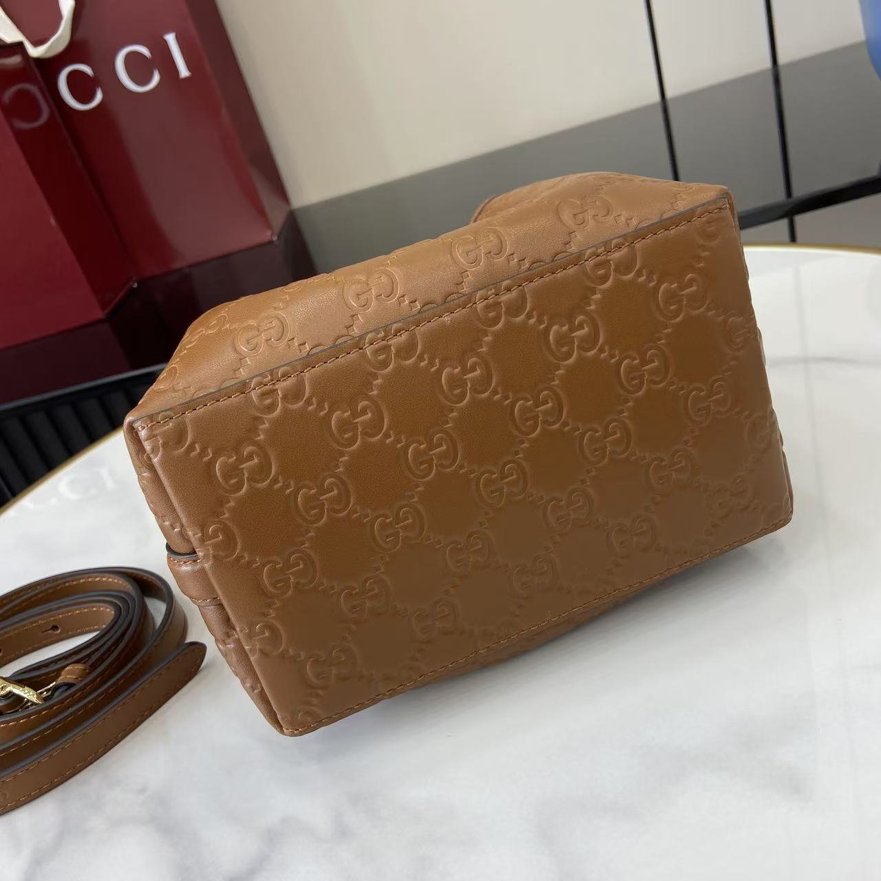 GG Emblem Brown Leather Shoulder Bag