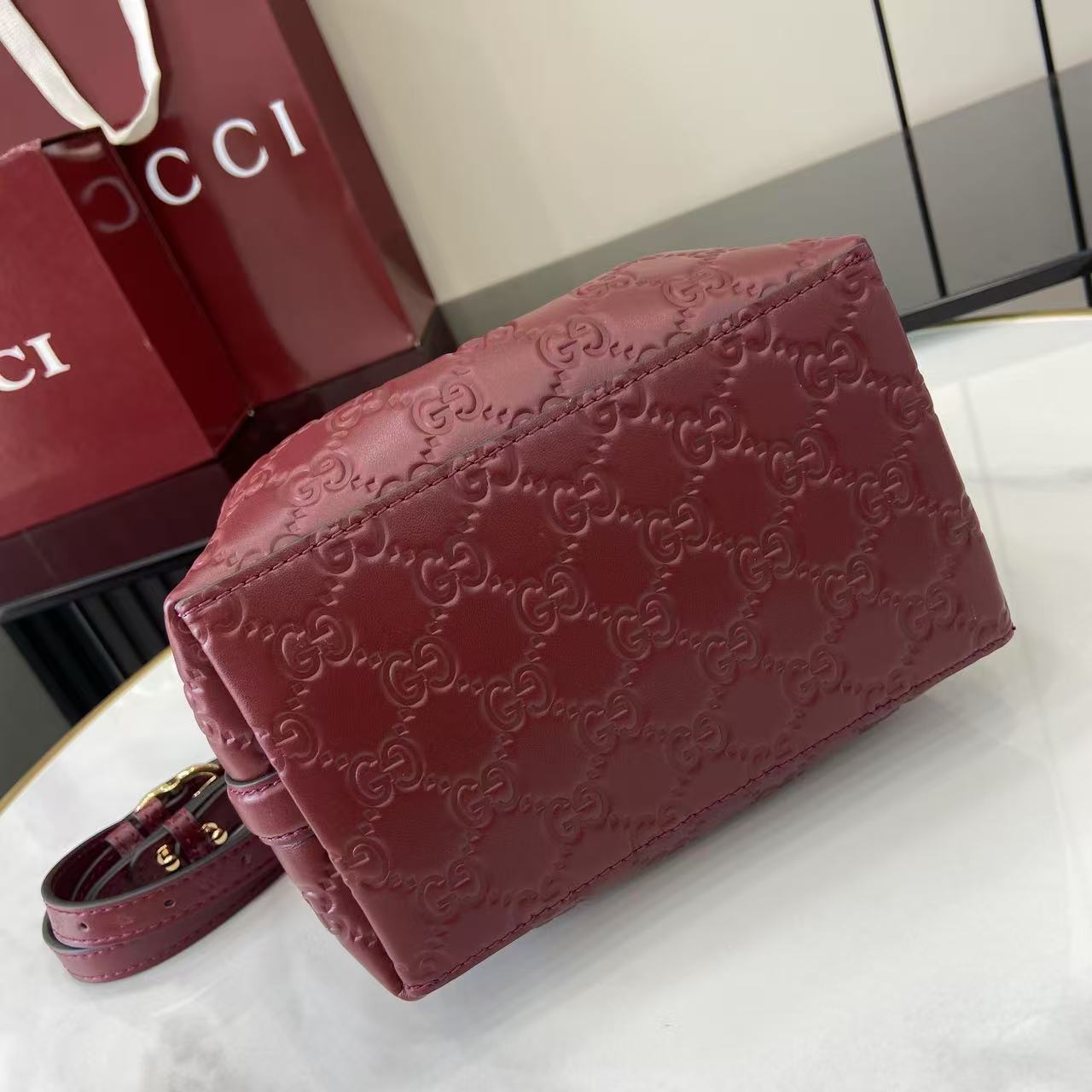 GG Emblem Burgundy Leather Shoulder Bag