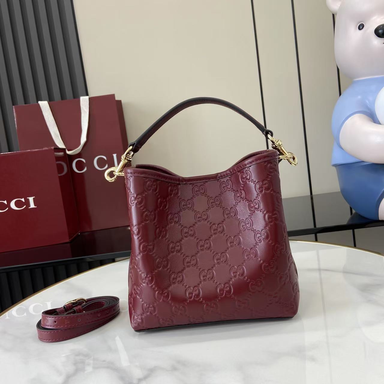GG Emblem Burgundy Leather Shoulder Bag