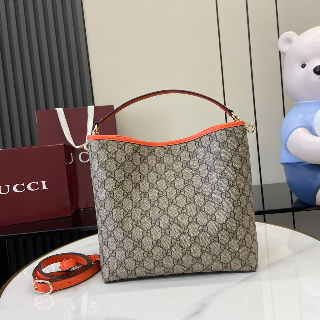 GG Emblem Canvas Shoulder Bag with Orange Leather Trim