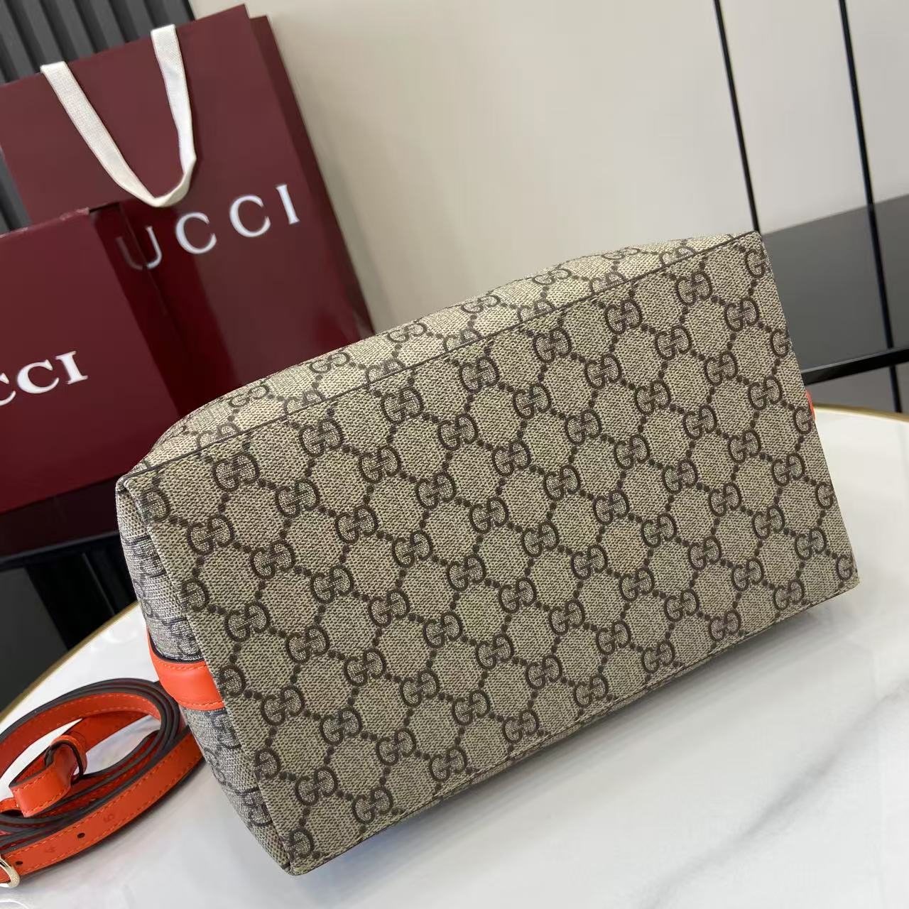 GG Emblem Canvas Shoulder Bag with Orange Leather Trim