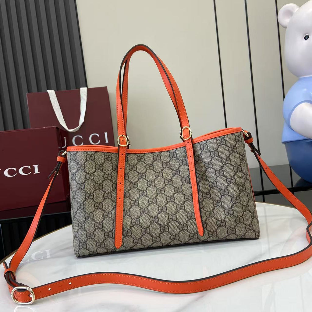 GG Emblem Canvas Tote Bag with Orange Leather Trim