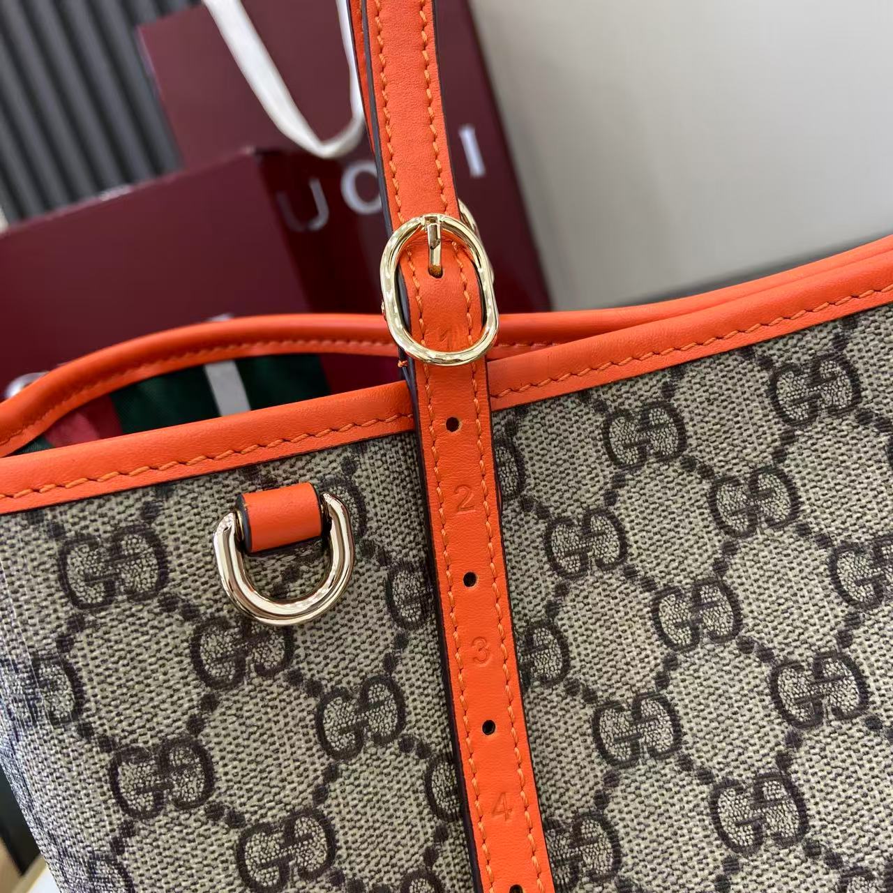 GG Emblem Canvas Tote Bag with Orange Leather Trim