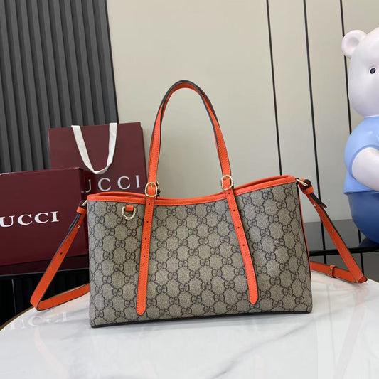 GG Emblem Canvas Tote Bag with Orange Leather Trim