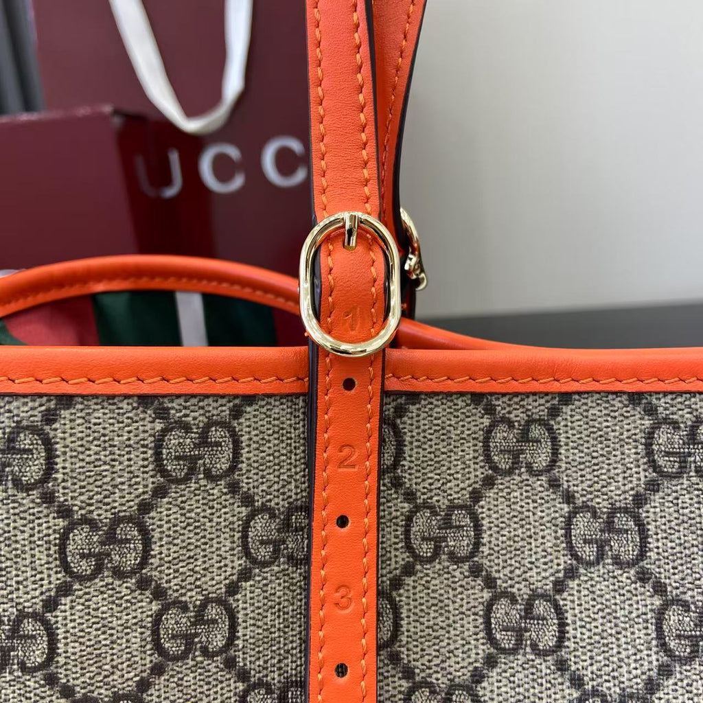 GG Emblem Canvas Tote Bag with Orange Leather Trim