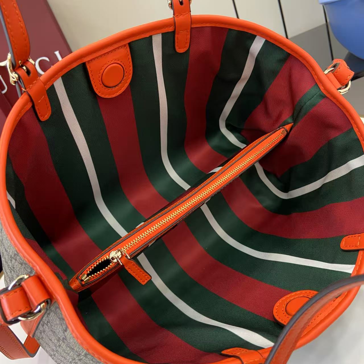 GG Emblem Canvas Tote Bag with Orange Leather Trim