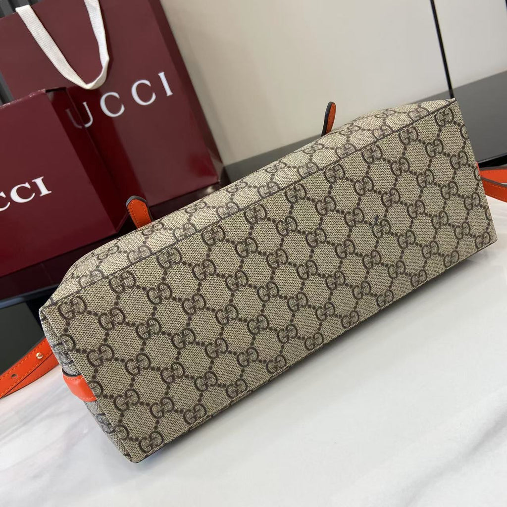 GG Emblem Canvas Tote Bag with Orange Leather Trim