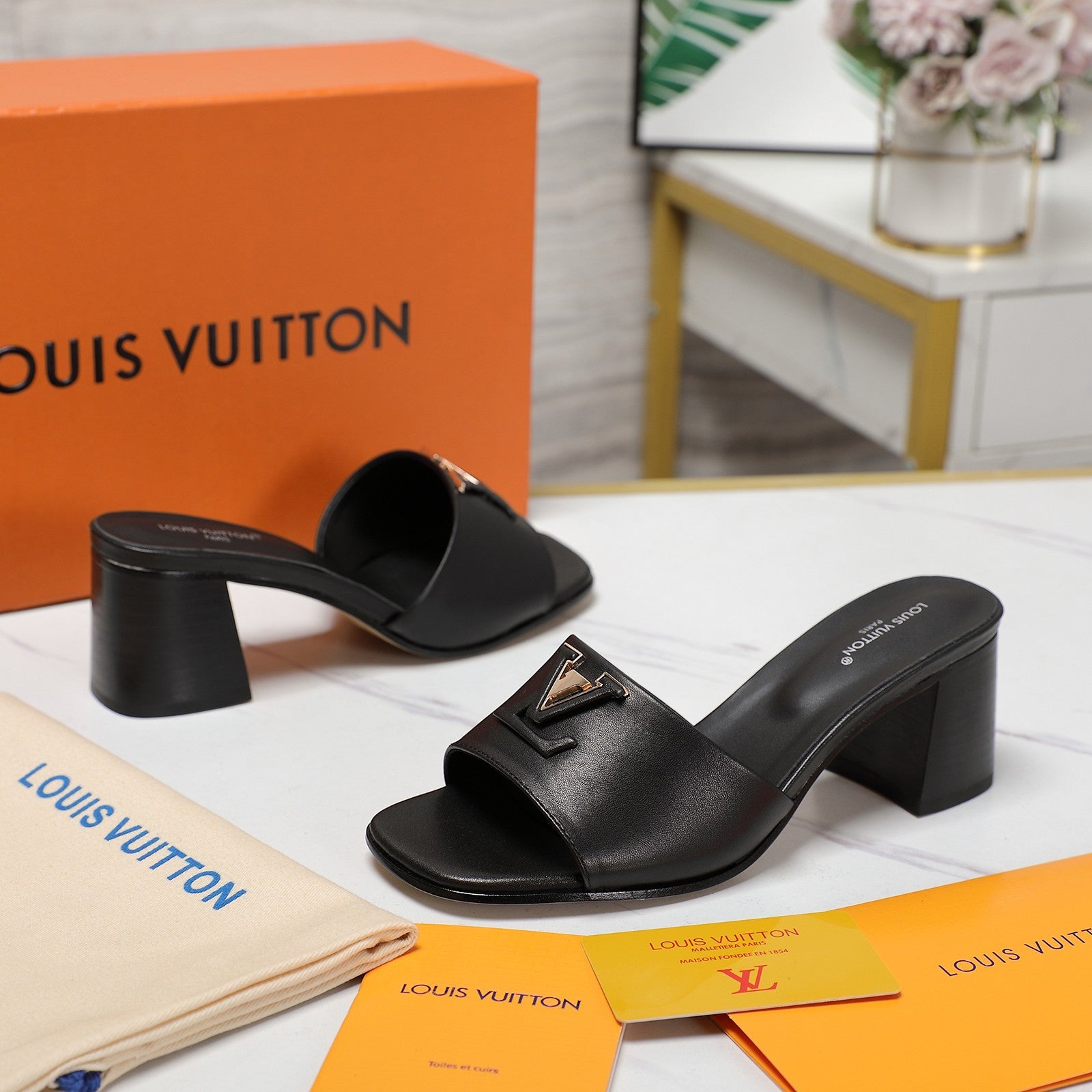 Leather High-Heeled Slippers