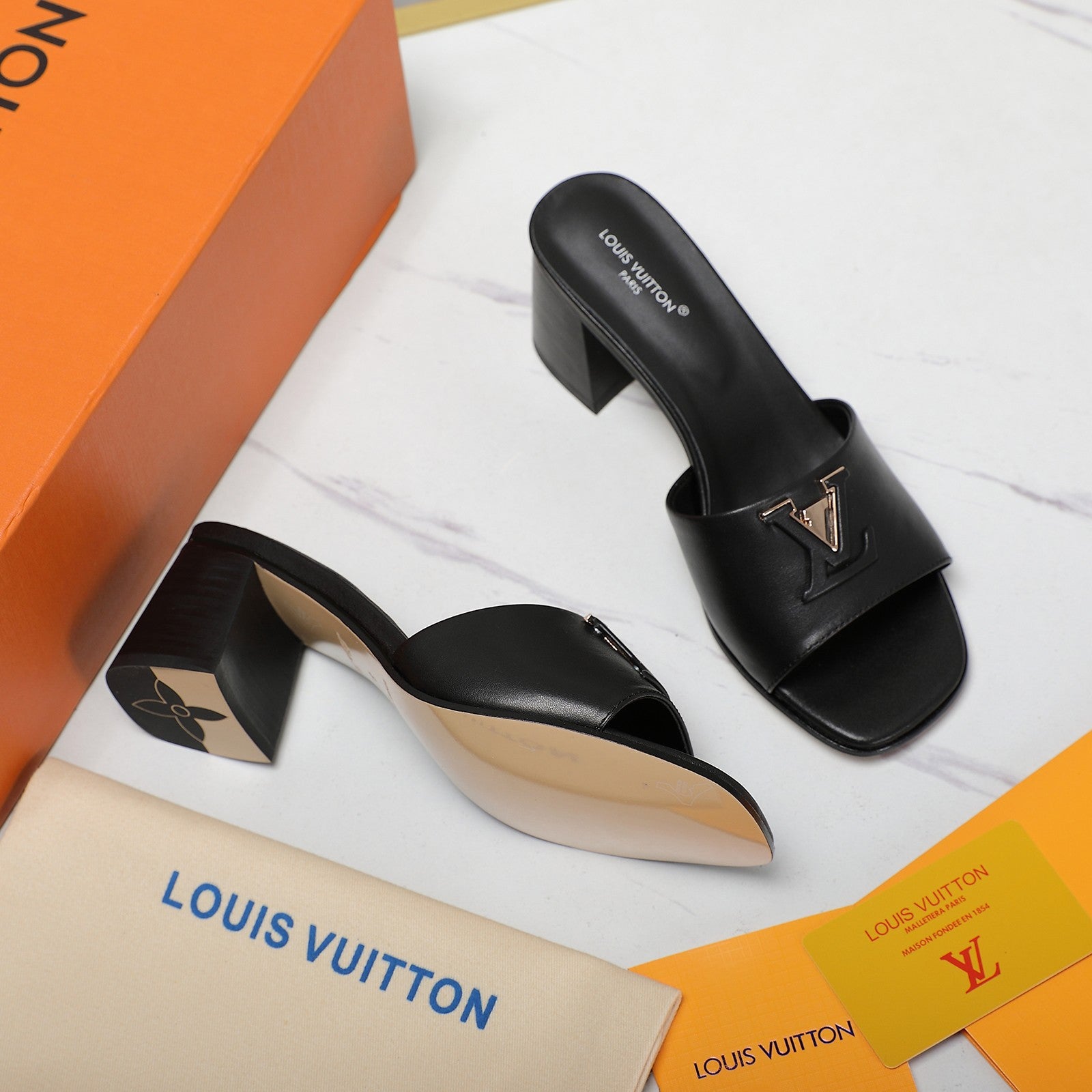 Leather High-Heeled Slippers