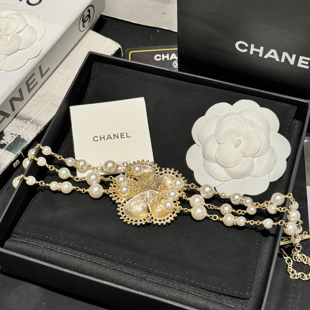 Multi-Strand Pearl Floral CC Necklace