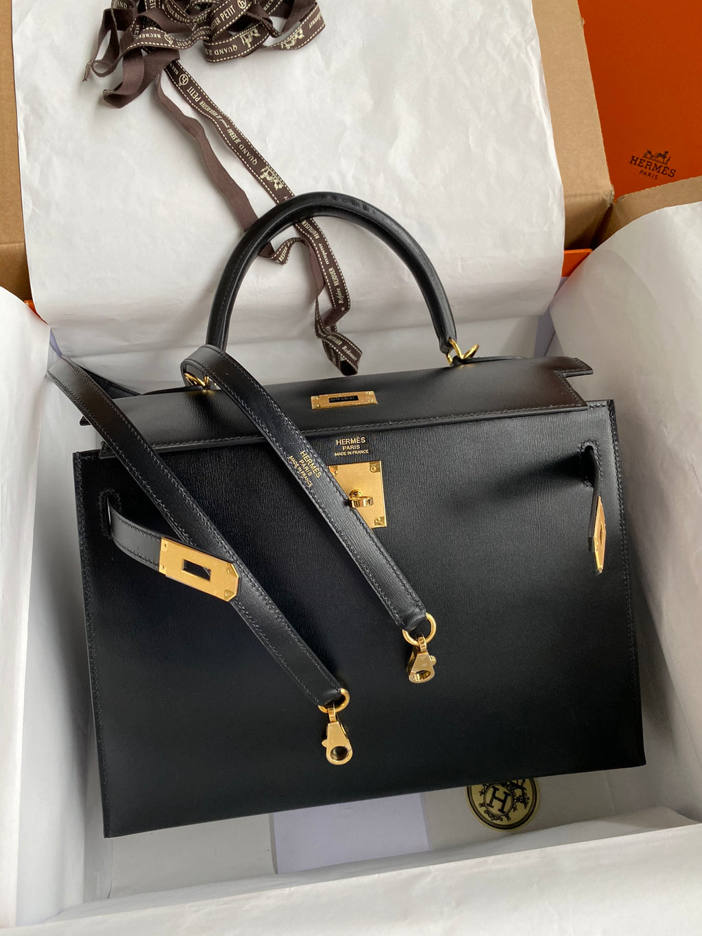 Kelly 32cm Box Leather Handbag