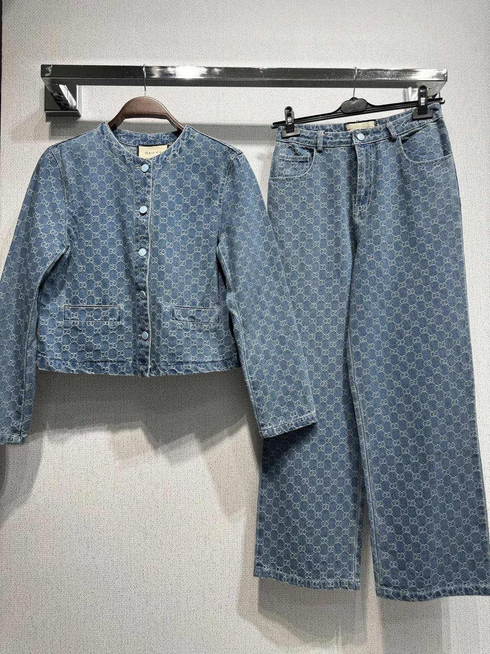 Monogram Denim Jacket & Wide-Leg Jeans Set
