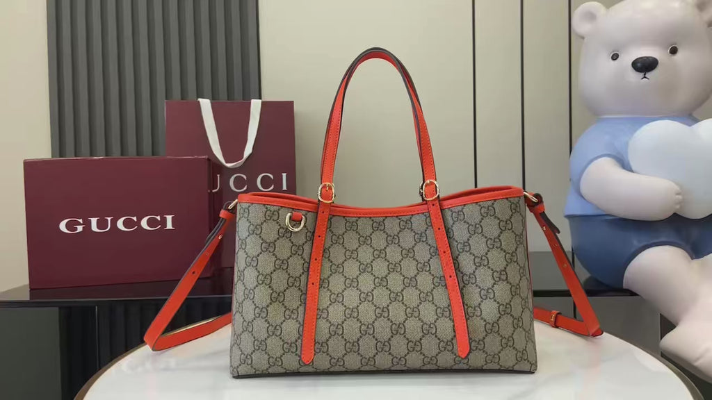 GG Emblem Canvas Tote Bag with Orange Leather Trim