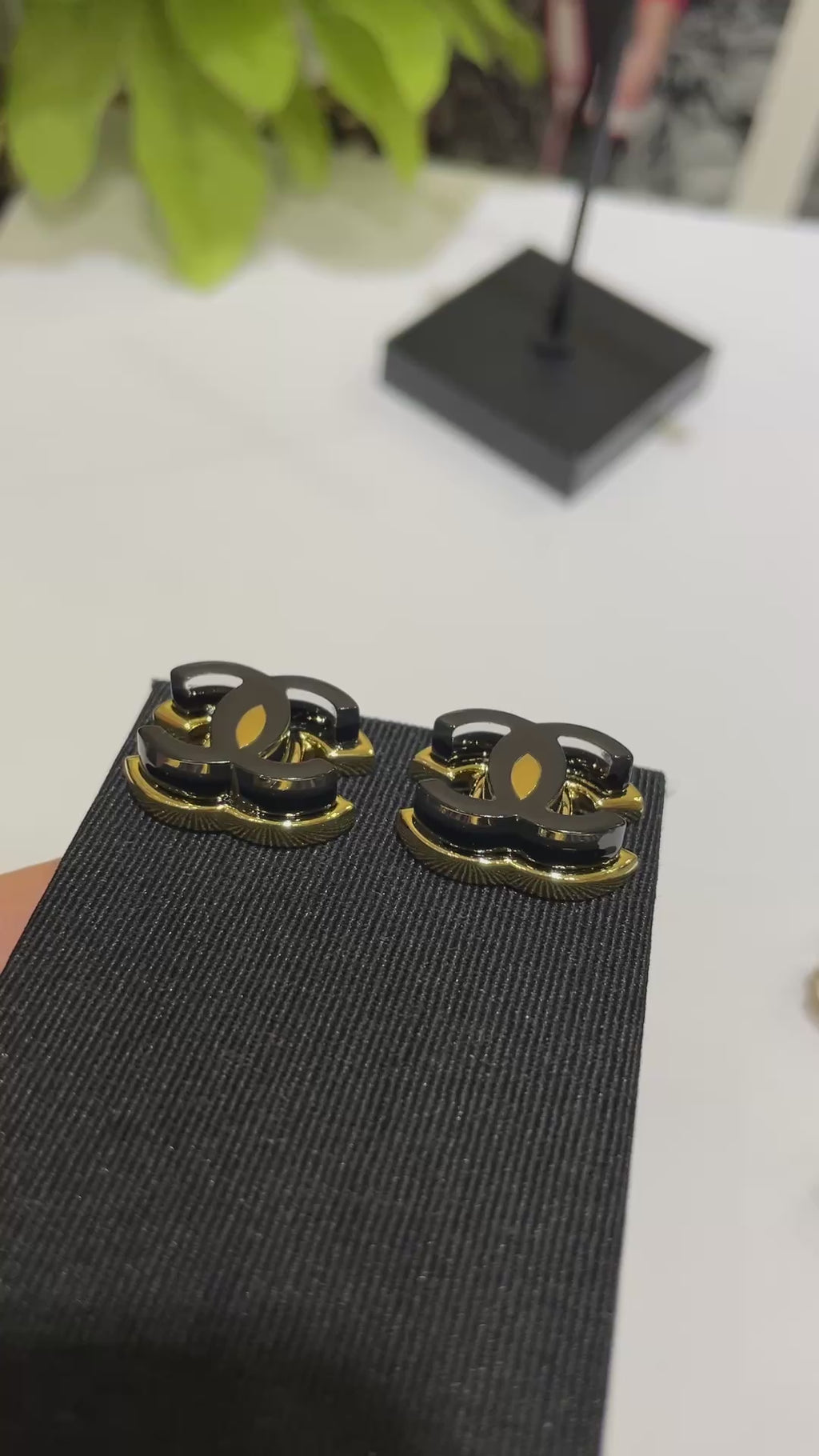 Black Enamel CC Logo Stud Earrings