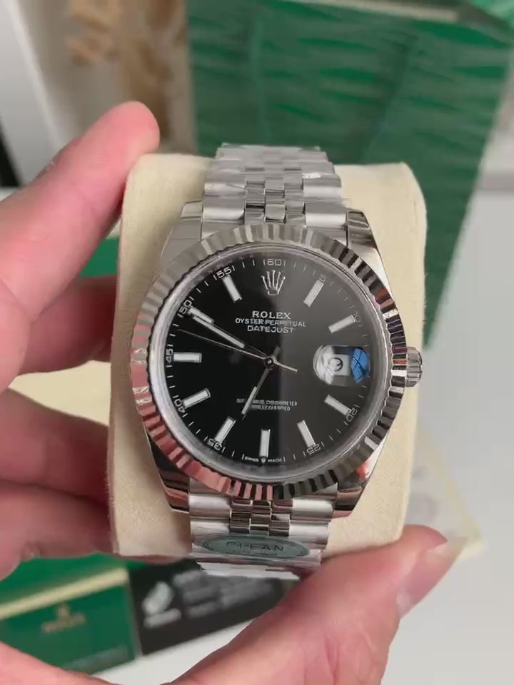 Datejust Style Watch – Black Dial, Fluted Bezel, 41mm Stainless Steel