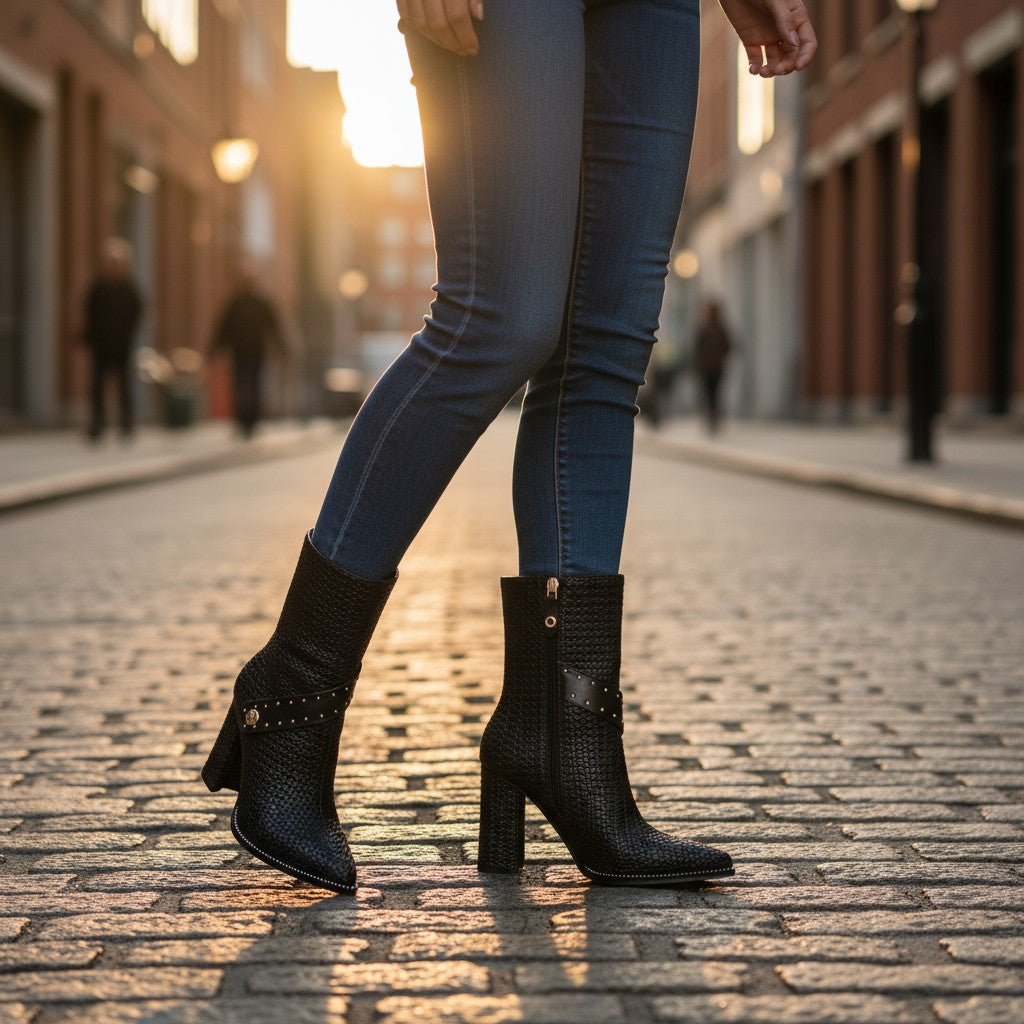 Knit & Leather Block Heel Ankle Boots