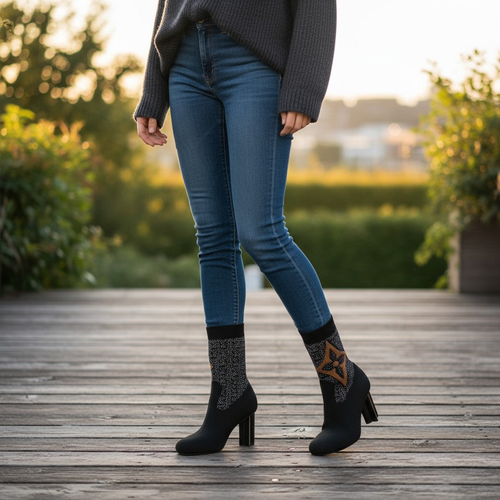 Monogram Knit Block Heel Boots