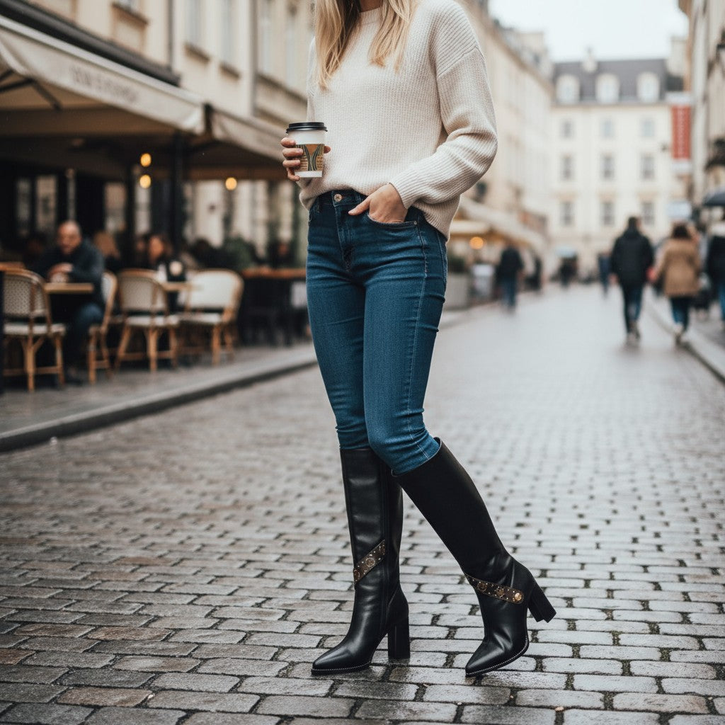 Leather & Knit Chain Detail Knee-High Boots
