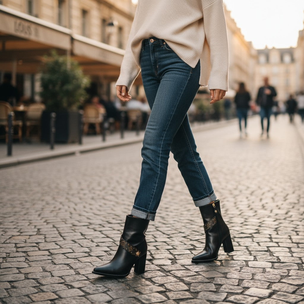 Monogram Chain Detail Knit & Leather Mid-Calf Boots