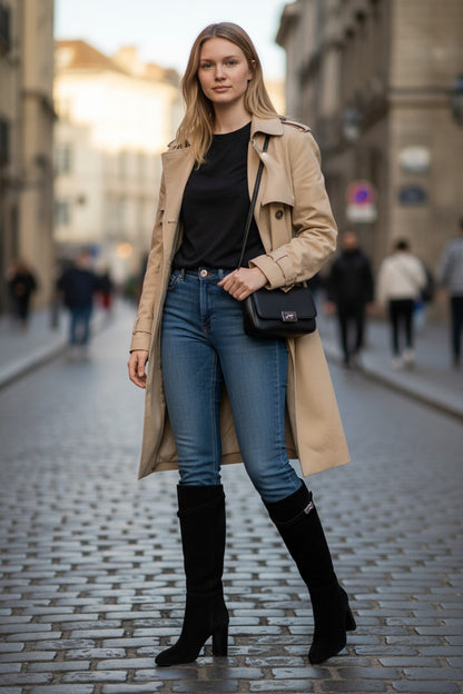 Kelly Buckle Suede Knee-High Heeled Boots